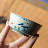 兮元记草木灰普洱茶杯手绘陶瓷主人杯单杯个人大号品茗杯茶建盏功夫茶具 草木灰手绘荷韵主人杯-简装