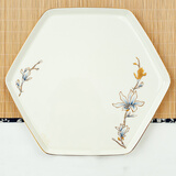 金岚玉唐山骨瓷茶盘水具托盘六角盘水壶水杯大托盘茶具盘子多尺寸 玉兰花开-10英寸6角盘1个