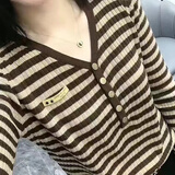 尚涛新款女装毛衣女薄款春秋针织衫V领条纹外穿套头长袖打底衫女士 卡其条纹 M 建议90-100斤