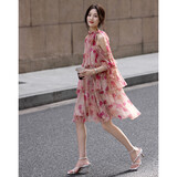 德玛纳【热谷永夏】春夏优雅风露肩系带钻石雪纺晕染印花连衣裙女