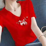 尚涛V领T恤女韩版2025夏装新款纯色百搭上衣短袖t恤女打底衫 红色（图案随机发）O 4XL 建议135-150斤