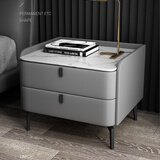 鑫霸克意式极简岩板床头柜轻奢简约现代北欧卧室实木皮质小型边柜 浅灰色【意大利进口岩板】 整装