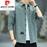 皮尔卡丹品牌夏季短袖纯棉工装衬衫外套男士七分袖薄款百搭宽松休闲衬衣t 湖绿色 XL 125-140斤
