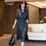 YXHK连衣裙女春秋长袖品牌女装羊毛衬衫裙2024新款显瘦中长款洋气裙 深灰色 M 105-120斤