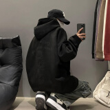 引异仿麂皮绒玫瑰花烧花重磅连帽卫衣男秋冬季休闲美式复古潮牌外套男 黑色 2XL