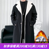 HOUQIYE风衣男秋冬季中长款大码连帽大衣加棉加厚保暖宽松韩版潮牌外套 F847黑色加绒 XL（140-160斤）