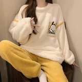 另约珊瑚绒睡衣女士秋冬季套装长袖加绒加厚保暖柔软舒适多巴胺家居服 88438 比耶小狗 杏黄 XXL