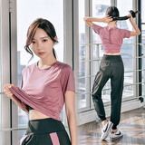 茵侨伊运动套装女夏季跑步瑜伽服晨跑健身房速干短袖春秋宽松显瘦健身服 【2件套】紫红短袖+紫红边长裤 L码 建议110-119斤