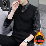 花花公子假两件针织衫男士装秋冬季款打底加绒厚保暖修身毛衣衬衫领上衣服 宽条纹黑【加绒】 XL