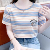 笙冉（SHENGRAN）ins超火条纹短袖t恤女夏装洋气新款宽松百搭半袖上衣打底小衫 蓝色  L 110-125斤