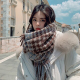 浩冠 围巾女秋冬季韩版百搭长款披肩加厚保暖围脖格子冬天学生千鸟格 蓝棕色