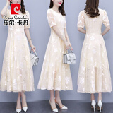 皮尔卡丹连衣裙女2025连衣裙夏季雪纺短袖气质长裙收腰显瘦大M时尚百搭 香槟色 XL 110-120斤