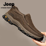 Jeep吉普休闲鞋男秋冬新款头层牛皮休闲皮鞋男防滑耐磨一脚蹬懒人鞋男 卡其【套脚款】 【标准皮鞋码】 42