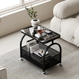耶特奶油风可移动边几客厅玻璃小推车网红简约小茶几小户型卧室床边桌 百搭黑【铁框+灰色钢化玻璃】