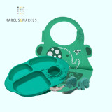 MARCUS&MARCUS吸盘餐盘 宝宝分格餐盘一体式防摔餐饮分餐盘儿童餐具 （餐盘+围兜+叉勺）绿色