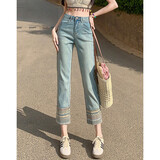 德玛纳【轻民族风】春夏季中腰直筒拉链九分裤女裤子女式牛仔裤
