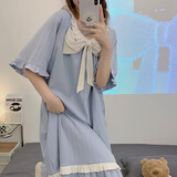 梦动韩版甜美可爱小熊棉纱麻睡裙女款2024新款夏季天短袖睡衣裙家居服 BG裙#56022蓝 XL 推荐115-130斤穿