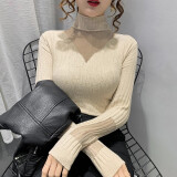 怡曼芙打底衫女秋冬新款显瘦半高领蕾丝针织衫网纱拼接女士内搭洋气上衣 杏色 均码 -建议85-138斤