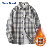 NASA GOOD加绒长袖衬衫男秋冬季韩版潮流格子衬衣青年休闲保暖外套 白XL