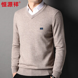 恒源祥100%纯羊毛衫男士V领加厚粗针纯色百搭毛衣HJ195浅卡其180/96A