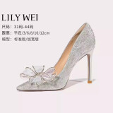 Lily Wei怦然心动法式高跟鞋仙女水晶婚鞋细跟尖头新娘蝴蝶结 银色【跟高10厘米】 39