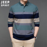 JEEP SPIRIT吉普polo衫男条纹长袖春秋T恤休闲翻领男装打底衫 绿色 XL