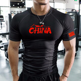 撸铁狼紧身衣男健身服短袖速干衣运动弹力透气吸汗肌肉健美训练教练上衣 黑色【CHINA】 L
