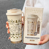 迪士尼保温杯女士生日礼物女生水杯学生女孩吸管杯不锈钢保冷咖啡杯子 史迪仔加黎烫金咖啡杯 520ml 大容量+高颜值+公司员工伴手礼
