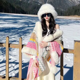 妙奕嘉披肩女民族风保暖秋冬云南新疆川西旅游拍照披风斗篷外搭加厚 吊球毛领披肩【粉白】