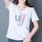 珞妮短袖t恤女显瘦女装上衣春夏季新款韩版V领半袖休闲体桖衫 白色 羽毛 XL 建议115-125斤