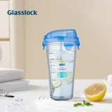 Glasslock 韩国进口玻璃水杯加厚可爱情侣杯随手杯可爱透明茶杯 钢化玻璃带刻度蓝色附杯套 450ml