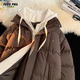 Foss Phil假两件棉服男女冬季大码连帽休闲加绒加厚棉衣保暖外套888咖啡S