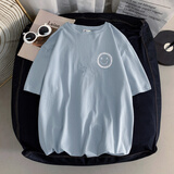 百鹊亭短袖男纯棉宽松ins港风圆领超火卡通t恤情侣装潮牌五分袖t恤夏季男生潮流笑脸印花短袖打底衫 雾霾蓝 XL