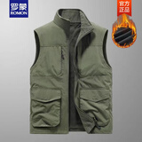 罗蒙（ROMON）春秋季新款速干男士马甲大码多口袋马夹背心外套户外工装坎肩上衣 2386军绿色(加绒双面穿) XL 建议(130-150斤)