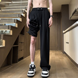 QGF学院风冰丝垂感休闲裤男女学生情侣易穿搭直筒裤夏季宽松阔腿裤子 黑色 XL 【建议130-145斤】