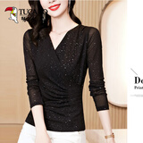啄木鸟高档弹力网纱上衣2026款内搭长袖T恤女洋气V领打底衫新款春秋小衫 黑色【长袖】亮片 XL 【建议115-125斤】