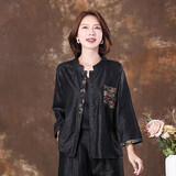 齐黛黑色龟裂纹高端香云纱衬衫女春秋新款新中式真丝衬衣中年妈妈装 黑色 L /100-115斤