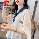 皮尔卡丹（pierre cardin）polo领拼接短袖t恤女夏季2025新款宽松韩版小个子洋气设计感上衣 9130杏色 M (适合80-110斤)