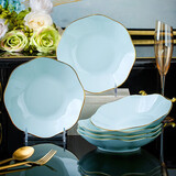 康琴(KANGQIN)北欧轻奢简约钻石盘新款家用创意网红盘陶瓷餐具组合 【描金】影青8英寸莲花盘6个装