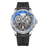 马克华菲（FAIRWHALE）国潮手表男士镂空飞轮全自动机械表时尚夜光防水男表瑞士品质腕表 钢盘蓝黑胶带