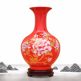 傲世景德镇陶瓷器红色花瓶工艺品客厅摆件家居博古架装饰品瓷瓶摆设 大号中国红牡丹赏瓶+底座