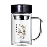 渊之源双层玻璃杯过滤泡茶杯喝水杯子办公商务车载定做广告定制LOGO印字 380ml带柄雪花钢盖 花色随机