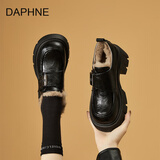 达芙妮厚底乐福鞋女2025秋冬新款真皮加绒保暖圆头增高黑色英伦风小皮鞋 黑色  加绒款 【秋冬保暖-厚底显高】 36