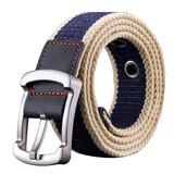 VANLUNTALU皮带男帆布针扣休闲腰带男士牛仔裤带韩版学生青年军训皮带户外 针扣藏青米色【120cm*3.5cm宽】