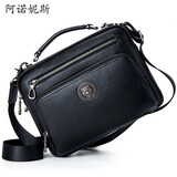 阿诺妮斯牛皮男包单肩包斜跨包商务办公两用横款手提包男士包包单肩休闲安全屏蔽各种闪付卡防盗刷 A191010黑色+手提横款