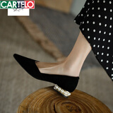 卡帝乐鳄鱼（CARTELO）潮牌浅口单鞋女2025春夏新款珍珠跟尖头低跟真皮单鞋小众平底鞋女 黑色 38
