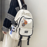 朗斐双肩包男士背包初中高中大学生大容量书包女旅行商务笔记本电脑包 白色大号+挂件+随机徽章