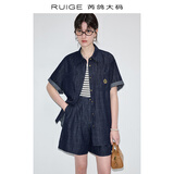 芮鸽大码2025新款夏季休闲运动套装减龄洋气时尚漂亮胖mm女装气质 深蓝色上衣 L