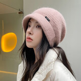笙格儿 帽子女秋冬季时尚百搭月子帽产后春秋显脸小针织毛线帽保暖冬款堆堆帽 兔毛粉色 均码