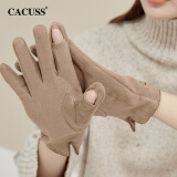 CACUSS手套女士秋冬季骑行开车保暖加绒薄款可触屏露指防寒麂皮手套卡其